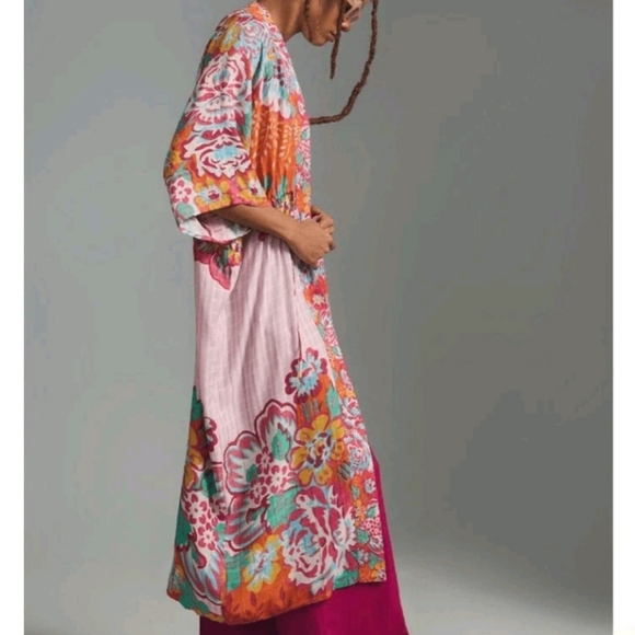 Anthropologie × Conditions Apply Floral Print Cinch Tie Waist Kimono Duster Top - Picture 4 of 16